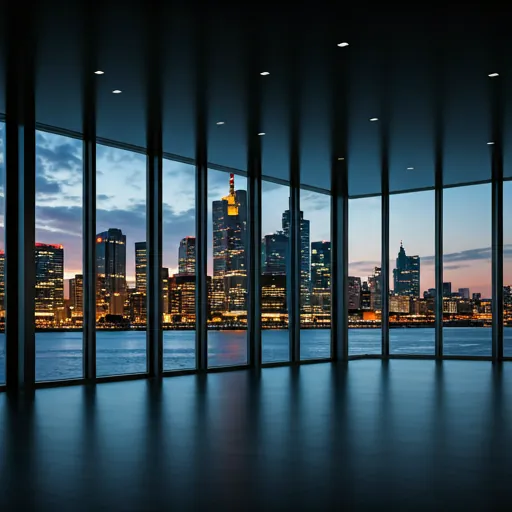 Planta de oficinas acristaladas con vistas a un horizonte urbano junto al mar al anochecer