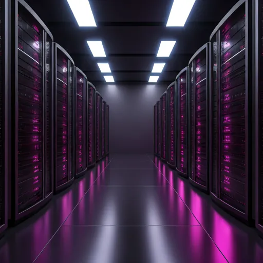 Pasillo de un centro de datos con bastidores de servidores iluminados en morado a ambos lados